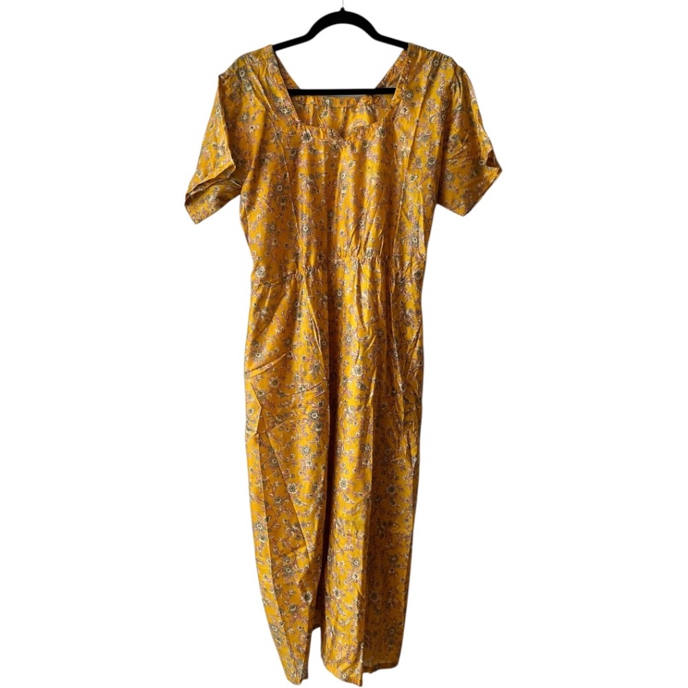 Golden Floral Yellow Square Neck Midi Dress